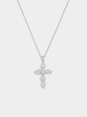 Sterling Silver Cubic Zirconia Pear Halo Cross Pendant
