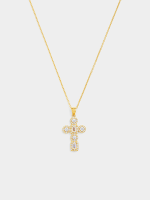Gold Plated Sterling Silver Cubic Zirconia Emerald Halo Cross Pendant