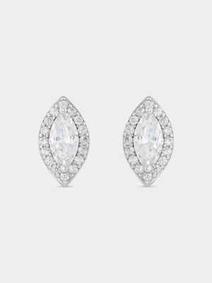 Sterling Silver Cubic Zirconia Marquise Halo Stud Earrings