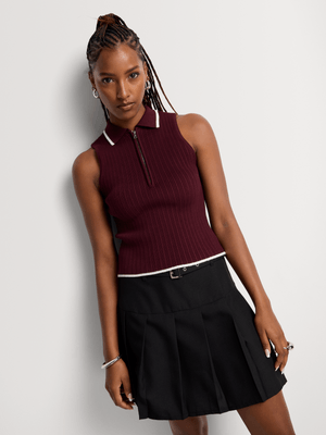 Y&G Tipped Johnny Collar Zip Knit Vest