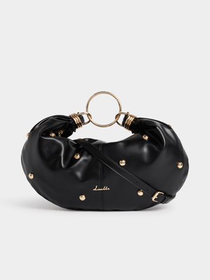 Luella Studded Metal Ring Hobo Slouch Crossbody Bag