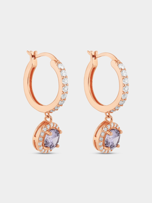 Rose Plated Sterling Silver Cubic Zirconia Round Halo Drop Earrings