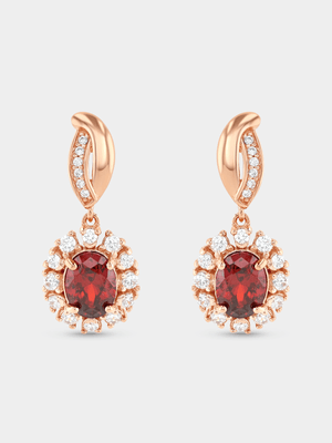 Rose Plated Sterling Silver Garnet Cubic Zirconia Oval Halo Drop Earrings