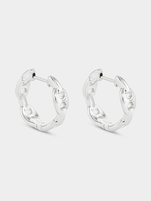 Sterling Silver Puffed Anchor Link Hoop Earrings