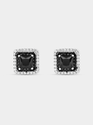 Sterling Silver Black Cubic Zirconia Cushion Halo Stud Earrings