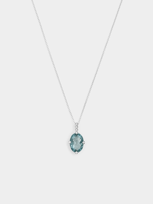 Sterling Silver Aquamarine Cubic Zirconia Oval Pendant