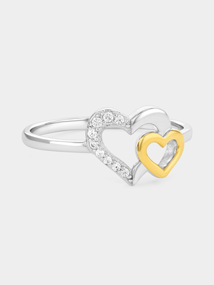 Gold Plated Sterling Silver Cubic Zirconia Two-Tone Linked Heart Ring