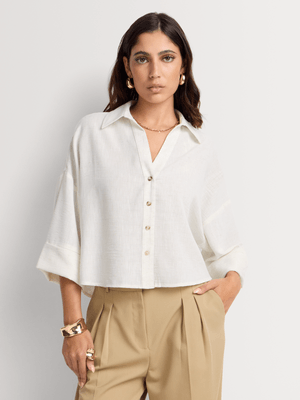 Linen Blend Boxy Crop Turn Up Sleeve Shirt