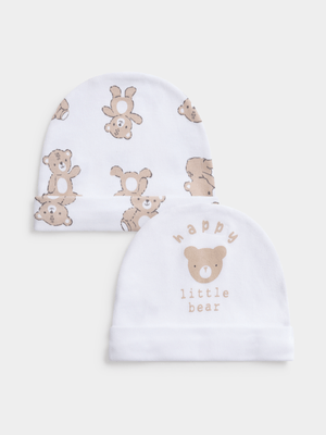 Jet Baby White Happy Bears 2 Pack Beanies