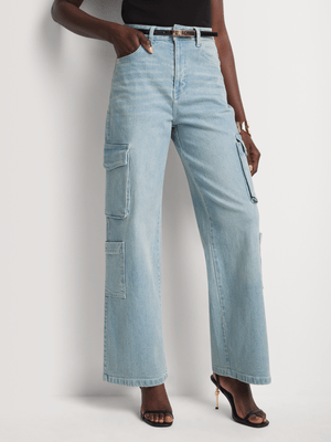 Denim Wide Leg Cargo Jeans