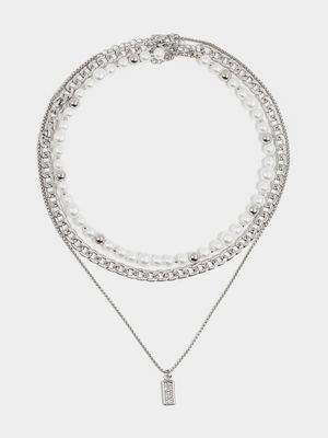 Men's Markham Pearl & Crystal Pendant Silver Necklace Set