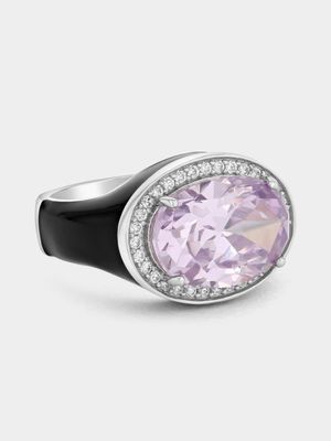 Sterling Silver Black Enamel Lilac Cubic Zirconia Oval Halo Ring