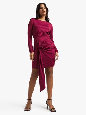 Women's Burgandy Slinky Dress With Knot Detail