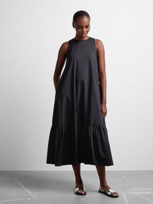 Women's Canvas High Neck Tiered Trapeze Dress