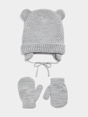 Jet Baby Unisex Light Grey Beanie and Mitten Set
