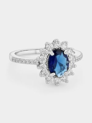 Sterling Silver Sapphire Blue Cubic Zirconia Oval Halo Ring