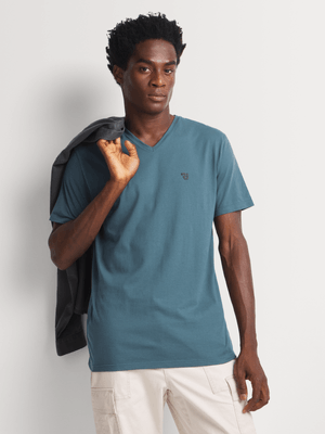 Men's Relay Jeans Slimfit Basic Branded V-Neck Blue T-Shirt