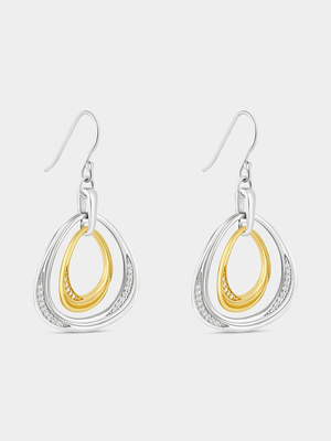 Gold Plated Sterling Silver Cubic Zirconia Dual Open Teardrop Drop Earrings