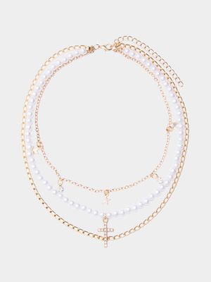 The FIX Women's 3 Layered Gold Pearl Cross & Star chain