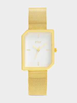 MX Gold Plated Irregular Rectangle White Dial Mesh Watch