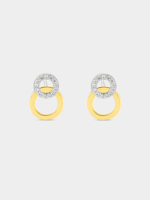 Gold Plated Sterling Silver Cubic Zirconia Two-Tone Double Circle Stud Earrings