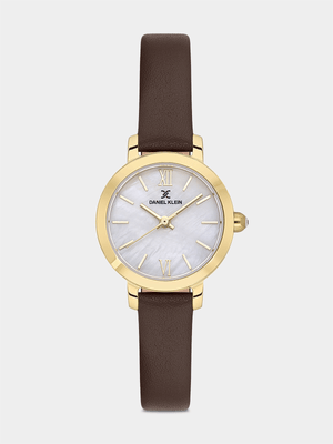 Daniel Klein Gold Plated White Mother Of Pearl Dial Brown Leather Watch