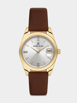 Daniel Klein Gold Plated White Dial Brown Leather Watch