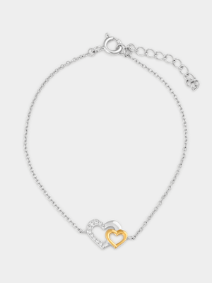 Gold Plated Sterling Silver Cubic Zirconia Two-Tone Linked Heart Bracelet