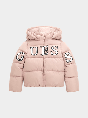 Junior Girl Guess Pink Hooded Long Sleeve Padded Puffer