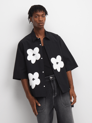The FIX Men's Black Daisy Print Boxy Shirt