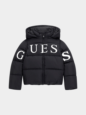 Junior Girl Guess Black Hooded Long Sleeve Padded Puffer