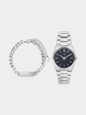 MX Silver Plated Blue Dial Bracelet Watch & Curb ID Bracelet Set
