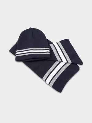 Boy's Navy Striped Beanie & Scarf Set