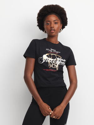 Redbat Athletics Women's Foil Hoop Graphic Black T-shirt