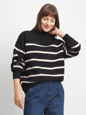 Exact Women's Black & Natural Striped High Neck Jersey