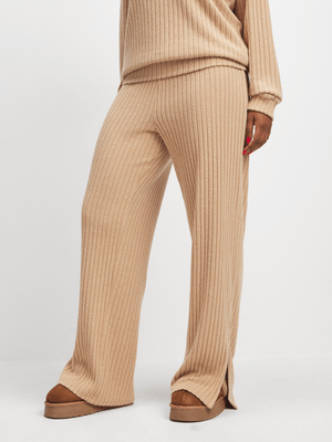 Jet Women's Ecru Ribbed Wide Leg Pants