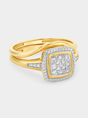 Yellow Gold White Sapphire Cushion Halo Twinset Ring