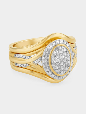 Yellow Gold White Sapphire Oval Halo Triple Set Ring