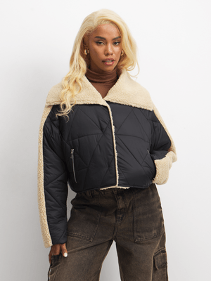 The FIX Women's Black Sherpa Cropped Puffer Jacket