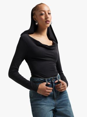 The FIX Women's Black Bodysuit With Open Back & Hoody
