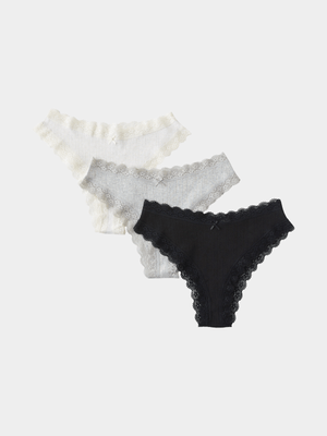 Women's Cotton On Multicolour Organic Cotton Lace Cheeky Brief 3 Pack