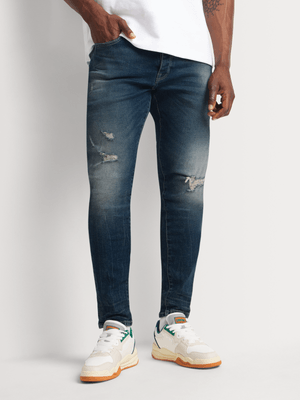 Men's Union-DNM Tinted Rip & Repair Dark Blue Skinny Jeans