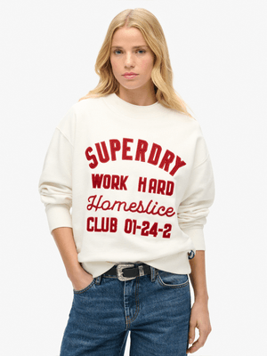 Women's Superdry Cream Workwear Embroidered Loose Crew Sweater