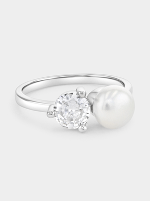 Sterling Silver Cubic Zarconia Freshwater Pearl 2 Stone Ring