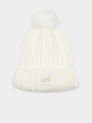 Girl's White Rib Pom Pom Beanie