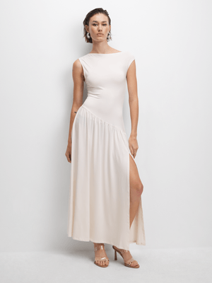 The FIX Women's White Assymetric Draped Slit Maxi Dress