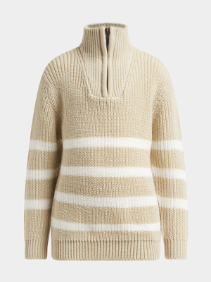 Exact Older Boy's Natural & White Striped Quarter Zip Jersey
