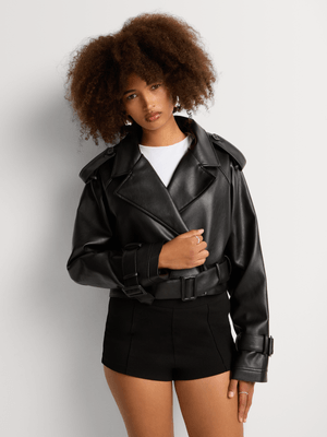 Y&G Pleather Belted Cropped Trench Jacket