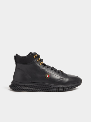 Fabiani Men's Black Leather Ingot Detail High Top Sneakers