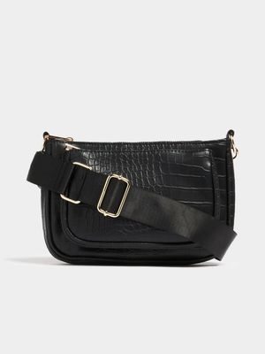 Exact Women's Black Faux Croc Crossbody Bag